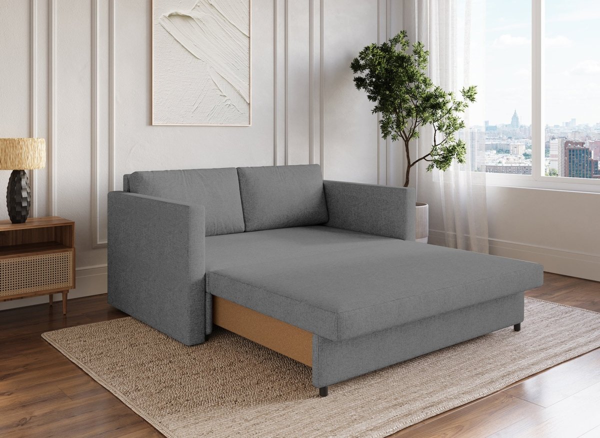 Canapé convertible 2 places avec coffre de rangement en tissu gris YERAZ - DécoInParis