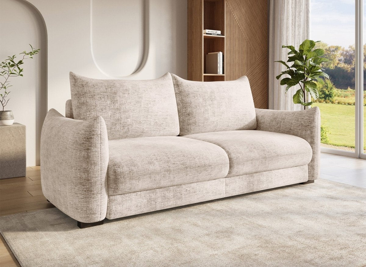 Canapé convertible 3 places avec coffre en velours chiné beige COLBY - DécoInParis