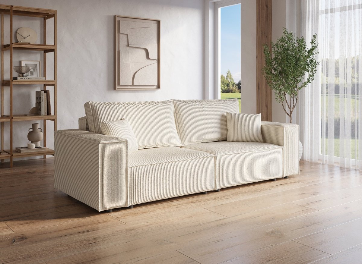 Canapé convertible 3 places avec coffre en velours côtelé beige JADE - DécoInParis