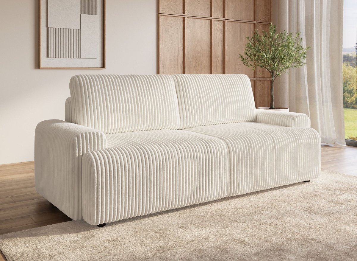 Canapé convertible 3 places avec coffre en velours côtelé épais beige MILO - DécoInParis