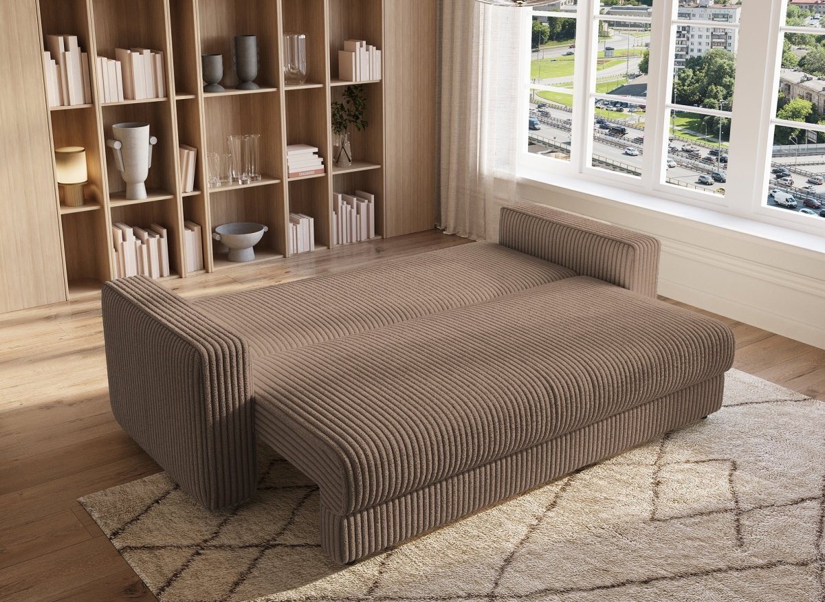 Canapé convertible 3 places avec coffre en velours côtelé épais taupe ZURIA - DécoInParis