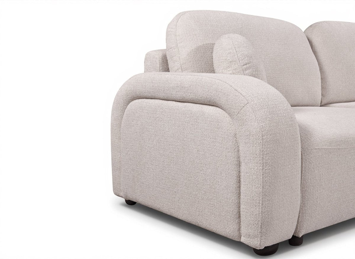 Canapé convertible 3 places en tissu bouclette beige MAYORA - DécoInParis