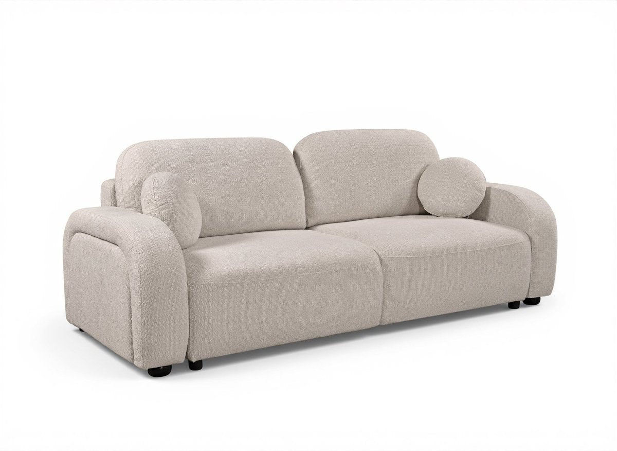 Canapé convertible 3 places en tissu bouclette beige MAYORA - DécoInParis