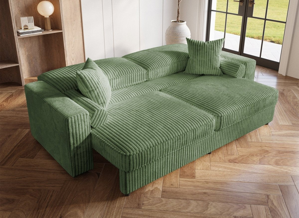 Canapé convertible 3 places en velours côtelé épais vert ALINE - DécoInParis