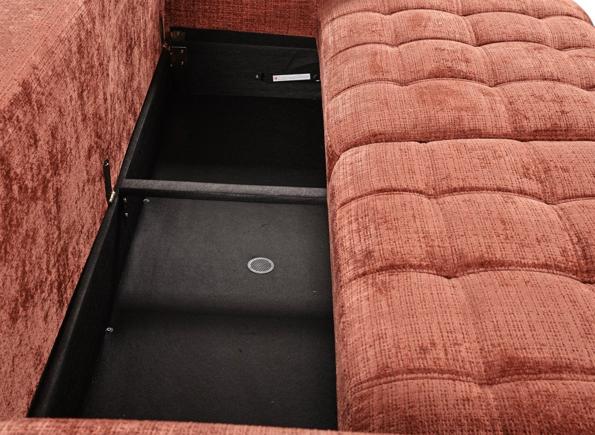Canapé convertible avec coffre 3 places en velours chiné terracotta RALYA - DécoInParis
