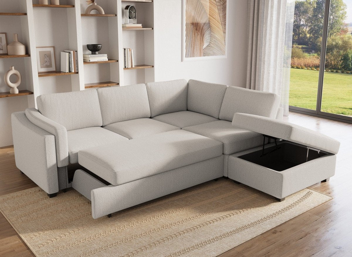 Canapé convertible avec coffre en tissu beige BARNEY - Angle droit - DécoInParis