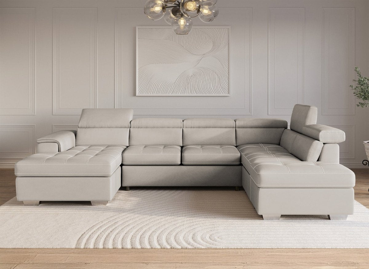 Canapé convertible et panoramique avec coffre de rangement en tissu beige OLIVER - Angle Gauche - DécoInParis