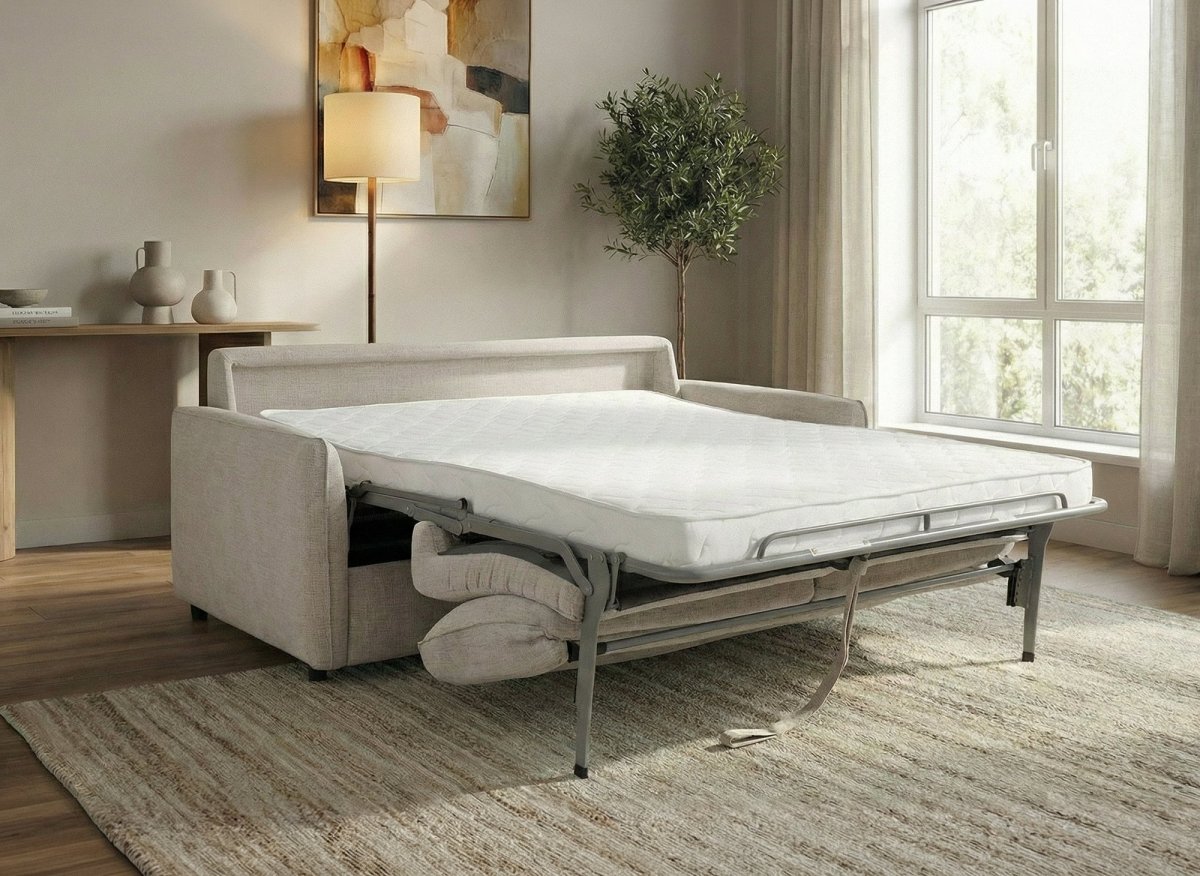 Canapé convertible express 3 places en velours texturé beige CHIARA - DécoInParis