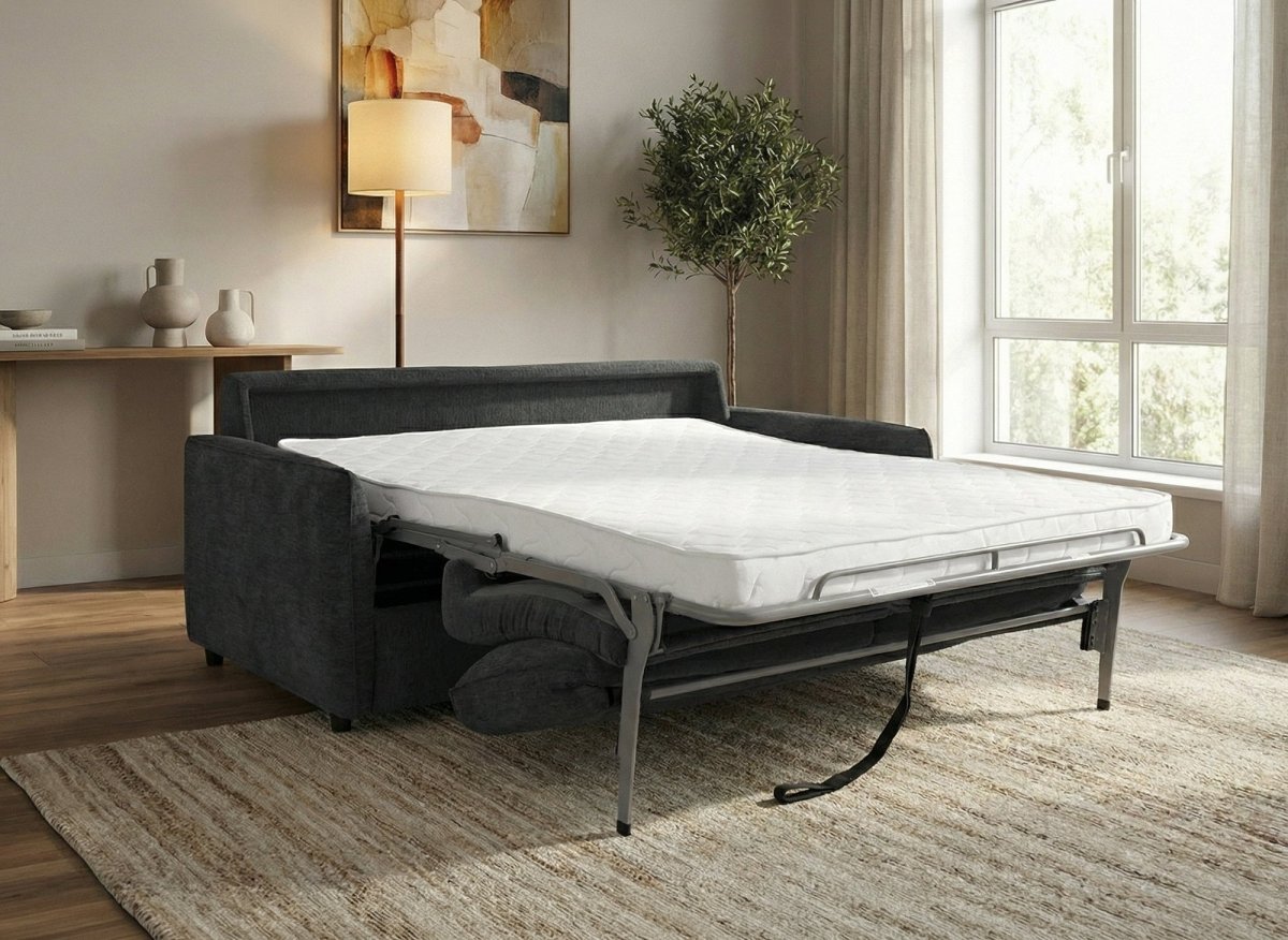 Canapé convertible express 3 places en velours texturé gris foncé CHIARA - DécoInParis