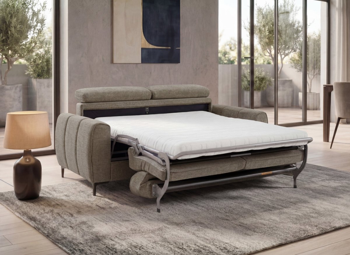 Canapé convertible express 3 places en velours texturé taupe CALEB - DécoInParis