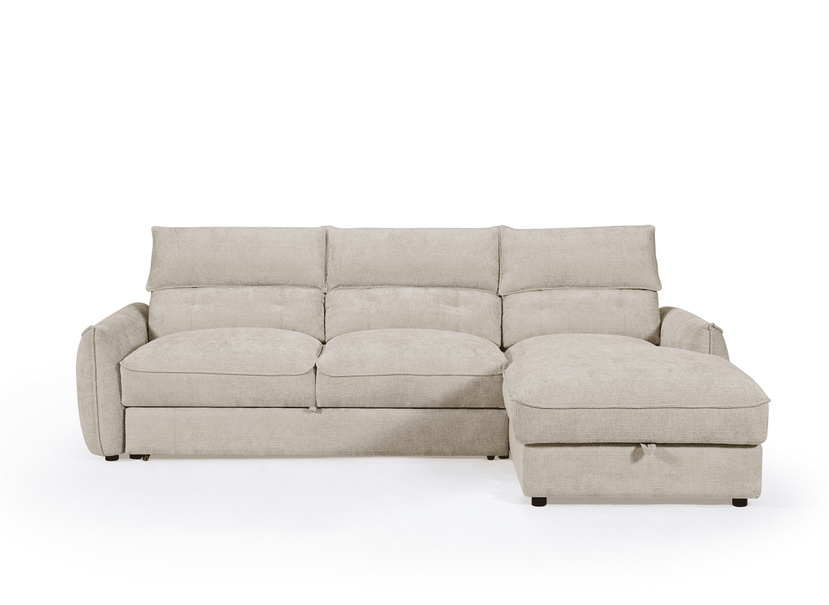 Canapé d'angle convertible avec coffre de rangement en velours chiné beige SAMINA - Angle droit - DécoInParis