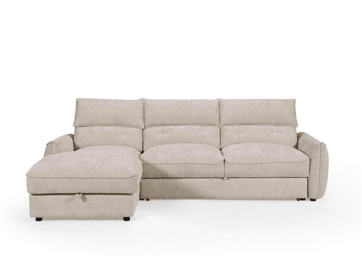 Canapé d'angle convertible avec coffre de rangement en velours chiné beige SAMINA - Angle gauche - DécoInParis