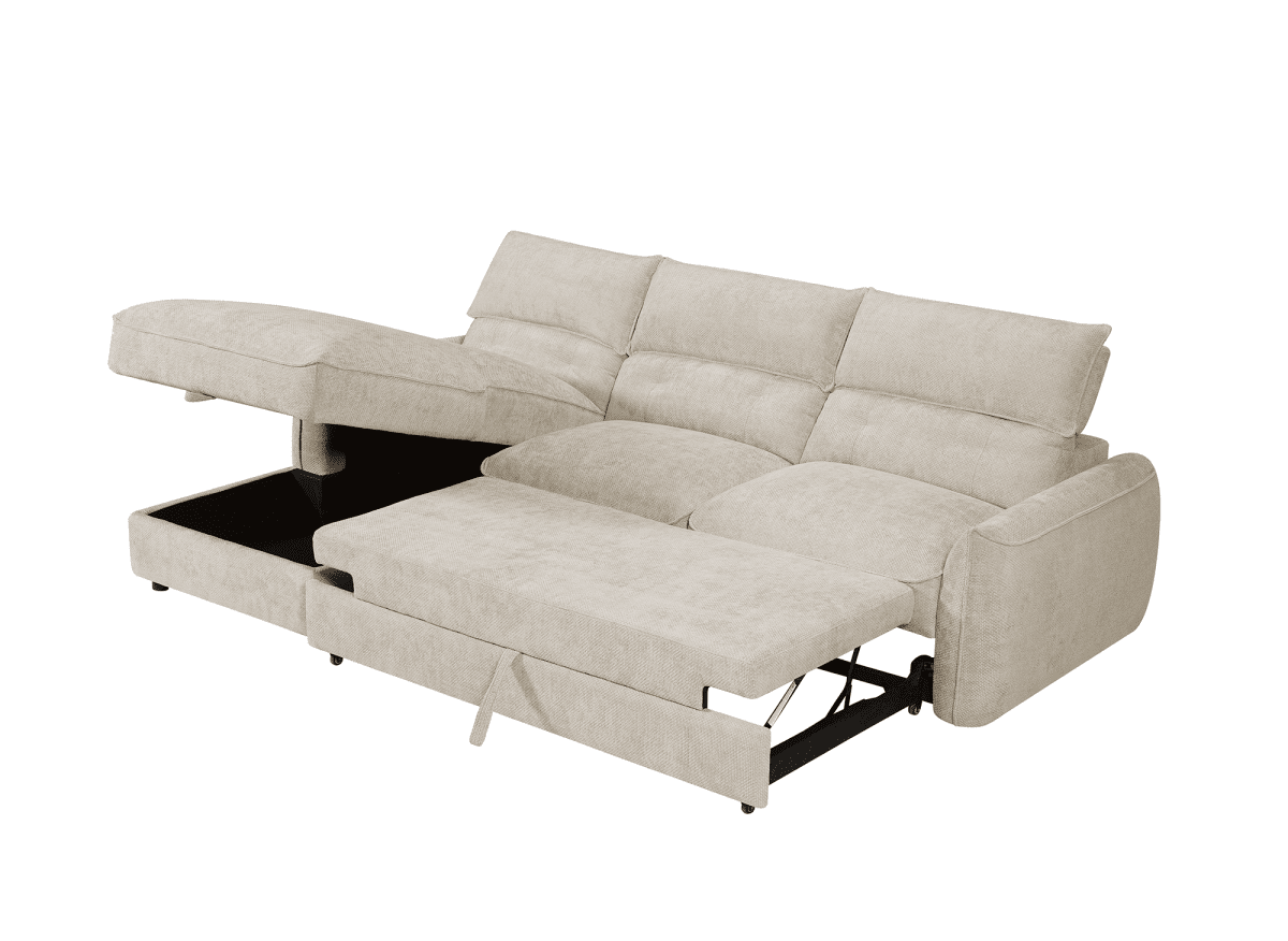 Canapé d'angle convertible avec coffre de rangement en velours chiné beige SAMINA - Angle gauche - DécoInParis