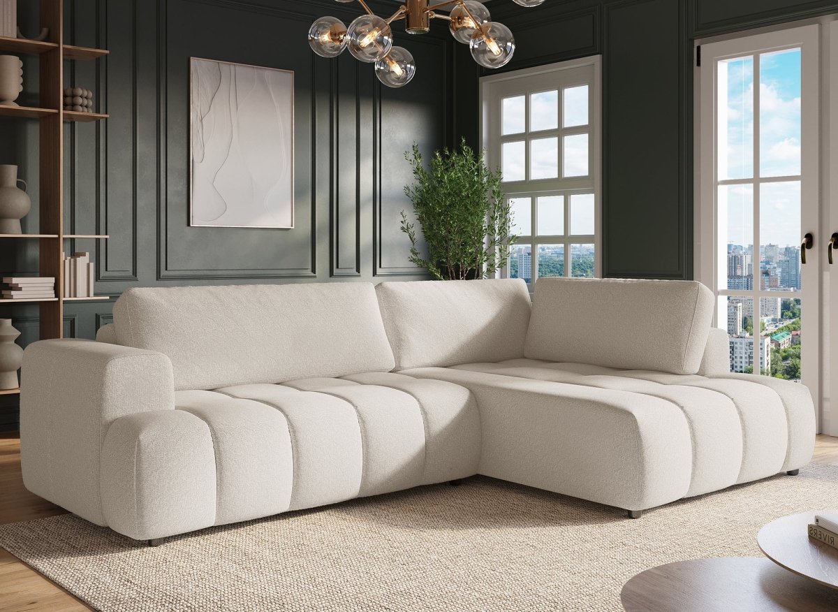 Canapé d'angle convertible avec coffre en tissu beige HAVEN - Angle droit - DécoInParis