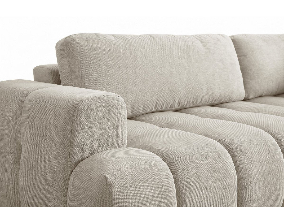 Canapé d'angle convertible avec coffre en tissu beige HAVEN - Angle droit - DécoInParis