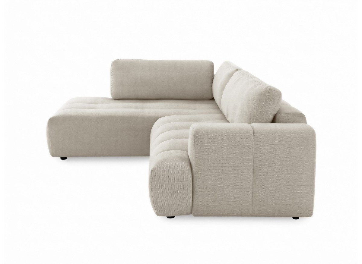 Canapé d'angle convertible avec coffre en tissu beige HAVEN - Angle gauche - DécoInParis