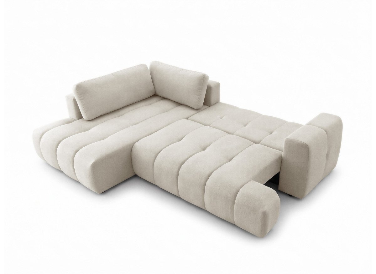 Canapé d'angle convertible avec coffre en tissu beige HAVEN - Angle gauche - DécoInParis
