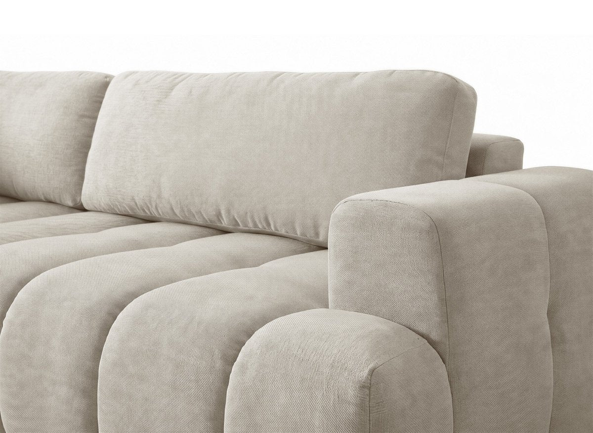 Canapé d'angle convertible avec coffre en tissu beige HAVEN - Angle gauche - DécoInParis