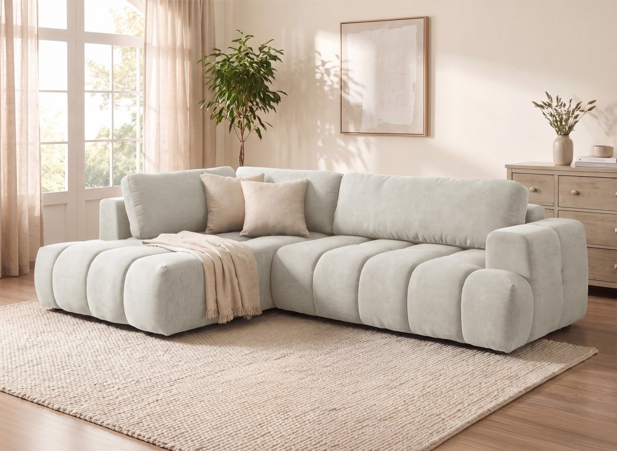 Canapé d'angle convertible avec coffre en tissu beige HAVEN - Angle gauche - DécoInParis