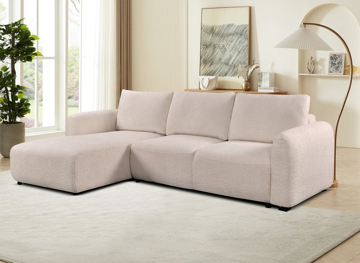 Canapé d'angle convertible avec coffre en tissu bouclette beige MARLA - Angle gauche - DécoInParis