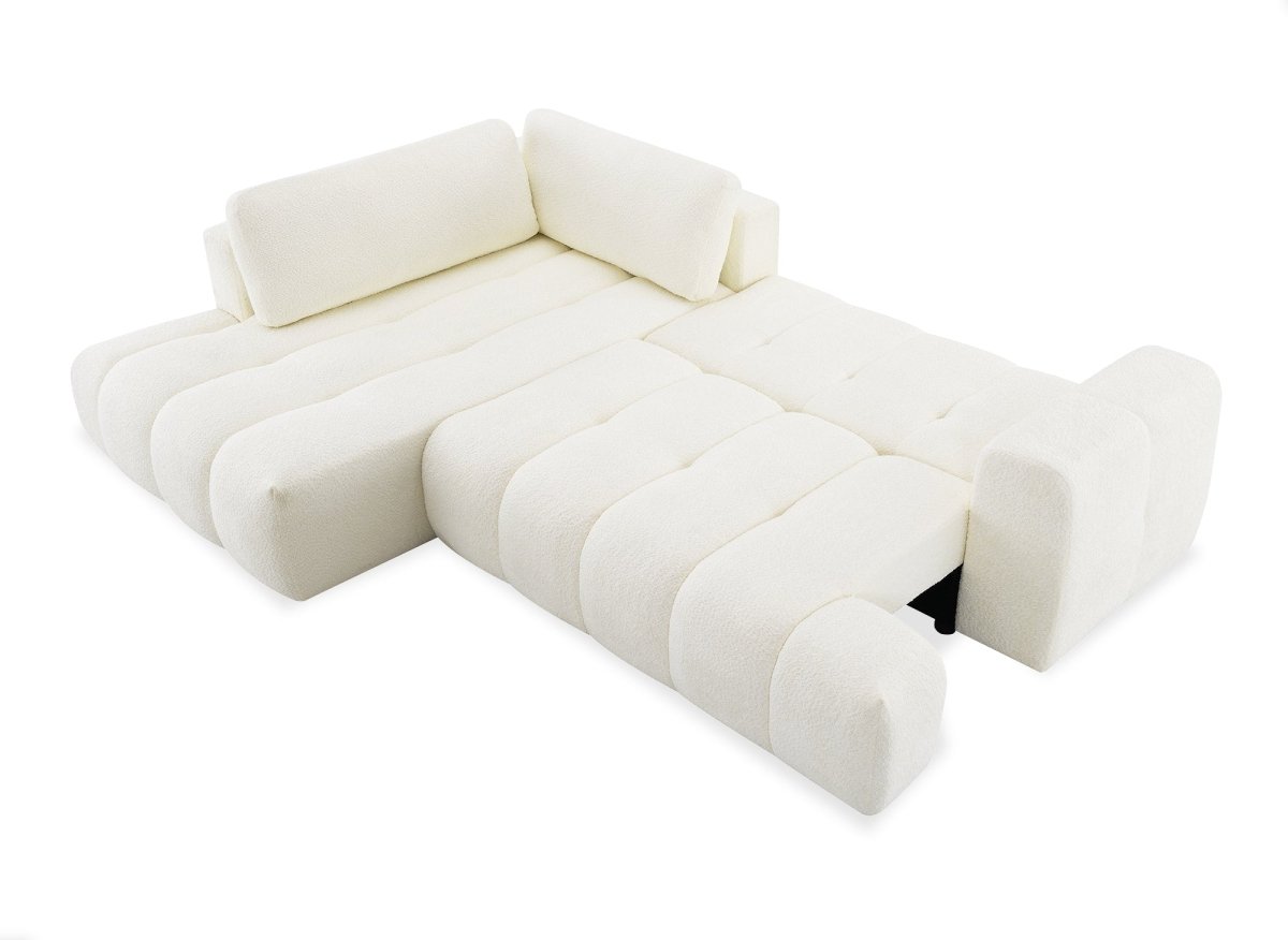 Canapé d'angle convertible avec coffre en tissu bouclette écru HAVEN - Angle gauche - DécoInParis