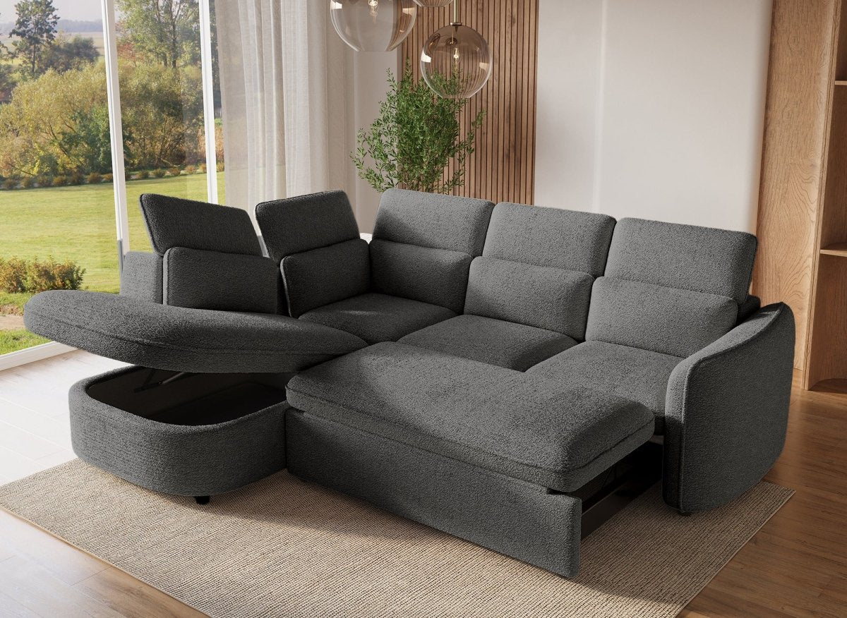 Canapé d'angle convertible avec coffre en tissu bouclette gris BAYA - angle gauche - DécoInParis