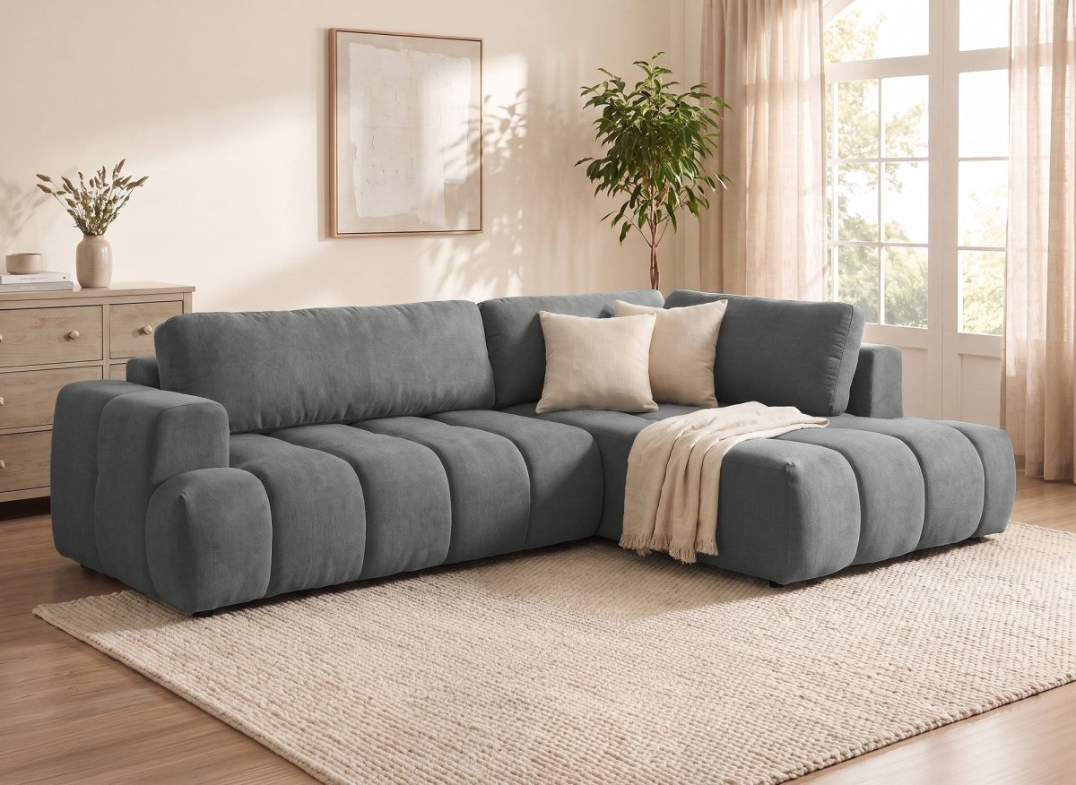 Canapé d'angle convertible avec coffre en tissu gris HAVEN - Angle droit - DécoInParis