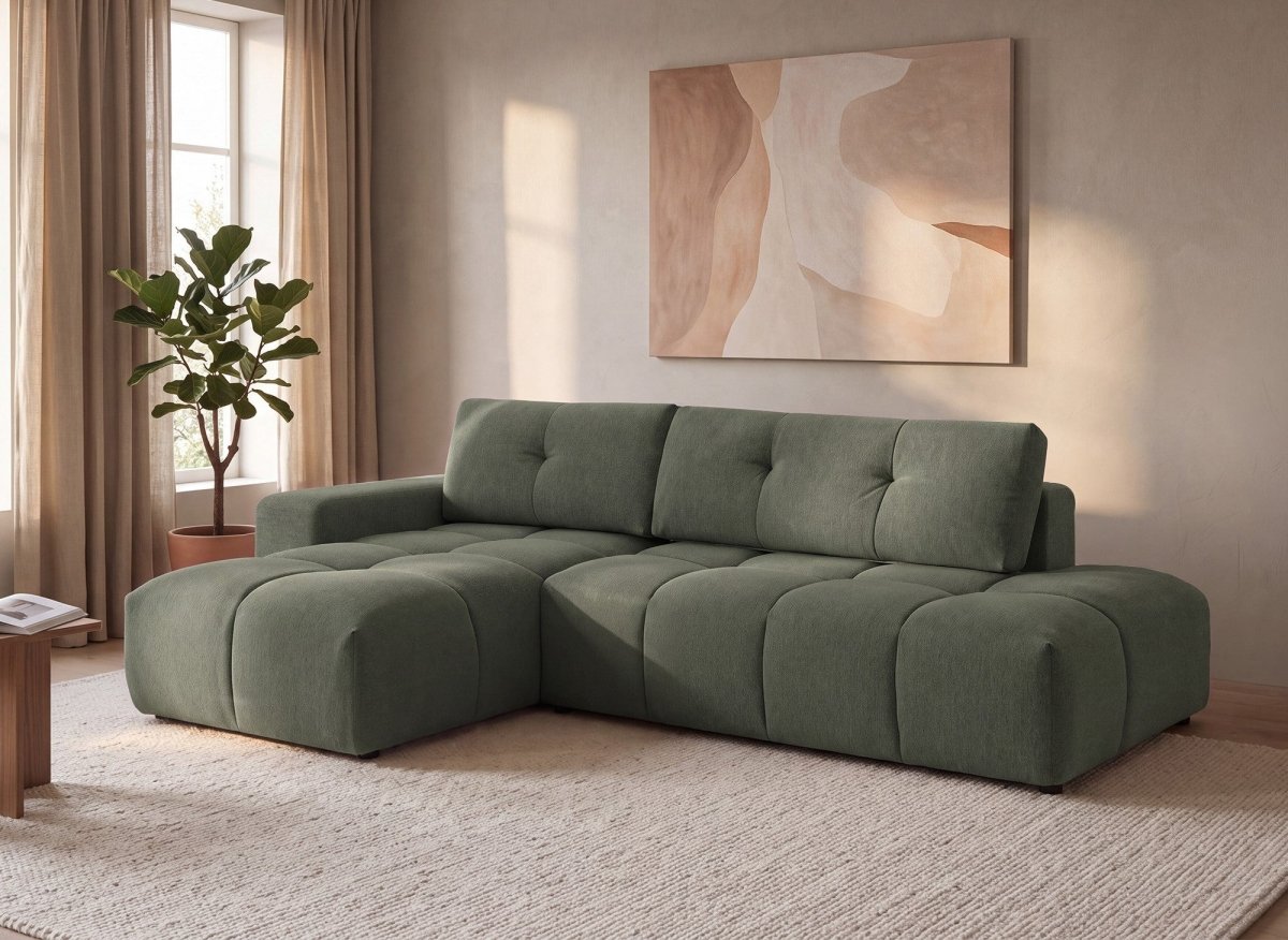 Canapé d'angle convertible avec coffre en tissu texturé vert olive ANGELINE - Angle gauche - DécoInParis
