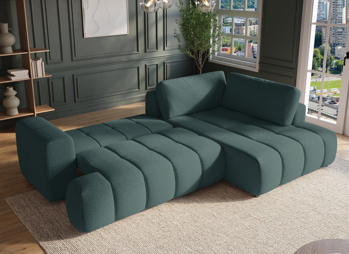 Canapé d'angle convertible avec coffre en tissu vert olive HAVEN - Angle droit - DécoInParis
