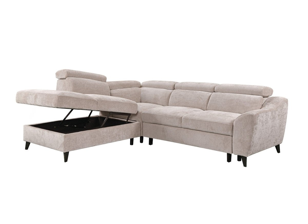 Canapé d'angle convertible avec coffre en velours chiné beige DALTON - Angle gauche - DécoInParis
