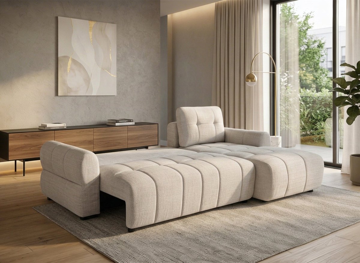 Canapé d'angle convertible avec coffre en velours chiné beige MAHLONE - Angle droit - DécoInParis