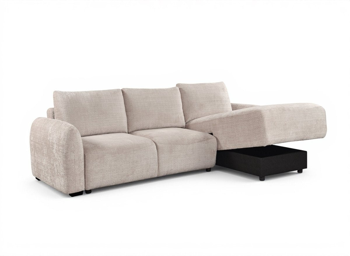 Canapé d'angle convertible avec coffre en velours chiné beige MARLA - Angle droit - DécoInParis