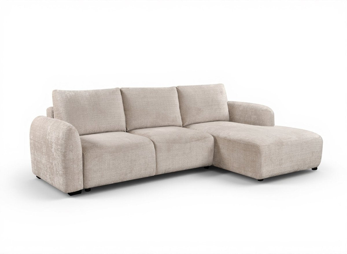 Canapé d'angle convertible avec coffre en velours chiné beige MARLA - Angle droit - DécoInParis