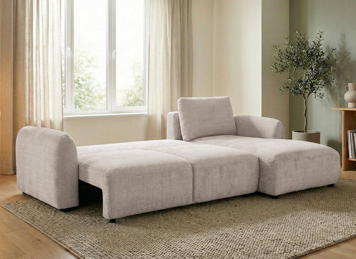 Canapé d'angle convertible avec coffre en velours chiné beige MARLA - Angle droit - DécoInParis