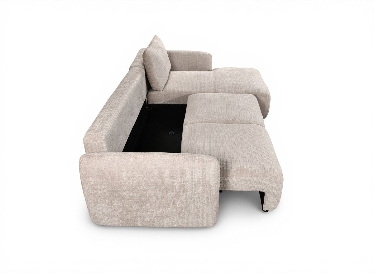 Canapé d'angle convertible avec coffre en velours chiné beige MARLA - Angle droit - DécoInParis