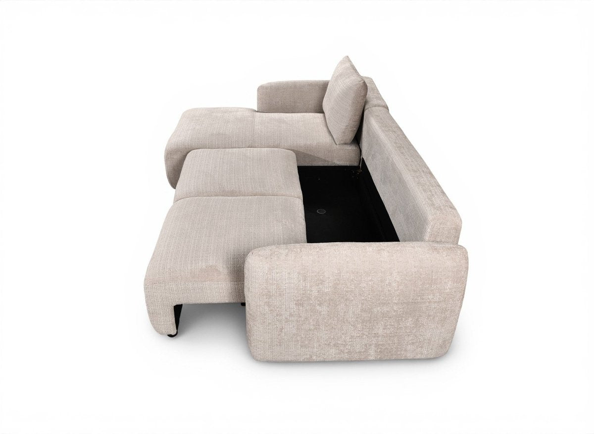 Canapé d'angle convertible avec coffre en velours chiné beige MARLA - Angle gauche - DécoInParis