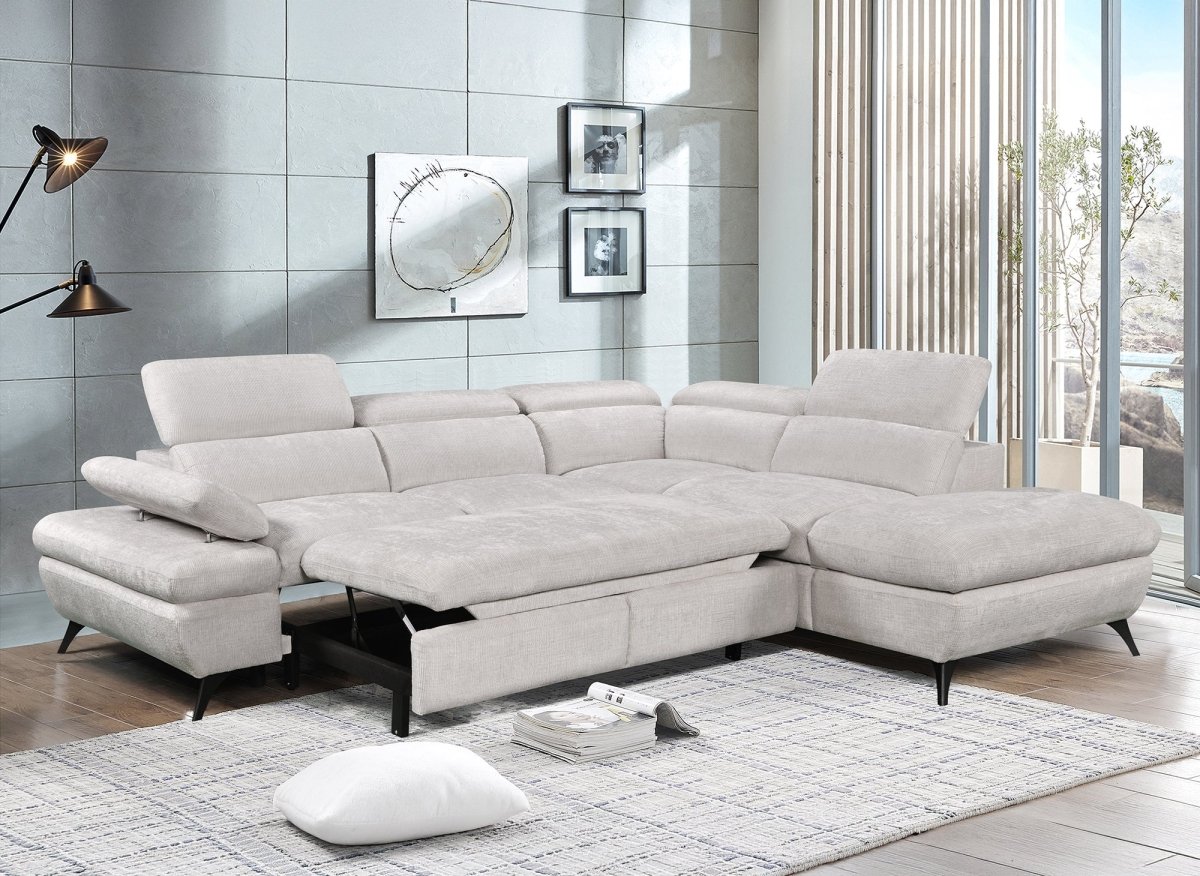 Canapé d'angle convertible avec coffre en velours chiné blanc écru LUFY - Angle droit - DécoInParis