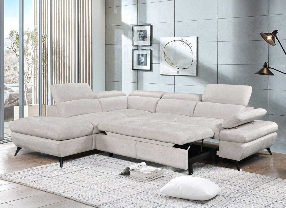 Canapé d'angle convertible avec coffre en velours chiné blanc écru LUFY - Angle gauche - DécoInParis