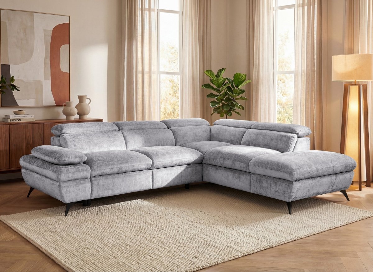 Canapé d'angle convertible avec coffre en velours chiné gris LUFY - Angle droit - DécoInParis