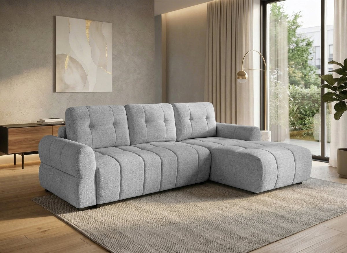 Canapé d'angle convertible avec coffre en velours chiné gris MAHLONE - Angle droit - DécoInParis