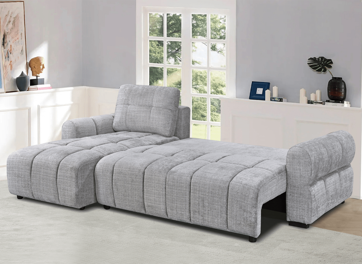 Canapé d'angle convertible avec coffre en velours chiné gris MAHLONE - Angle gauche - DécoInParis