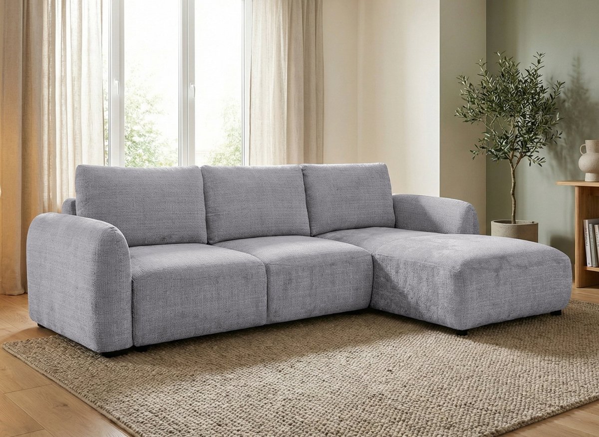 Canapé d'angle convertible avec coffre en velours chiné gris MARLA - Angle droit - DécoInParis