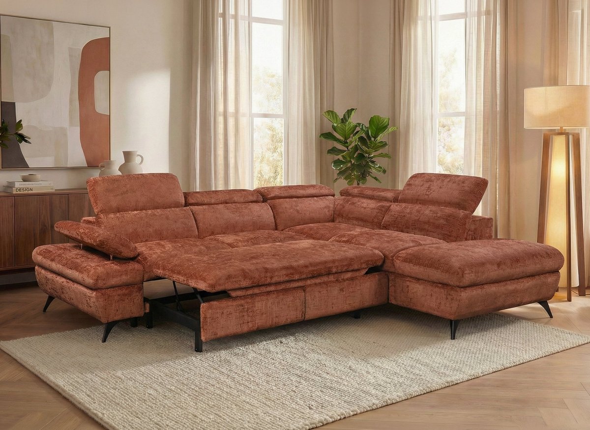 Canapé d'angle convertible avec coffre en velours chiné terracotta LUFY - Angle droit - DécoInParis