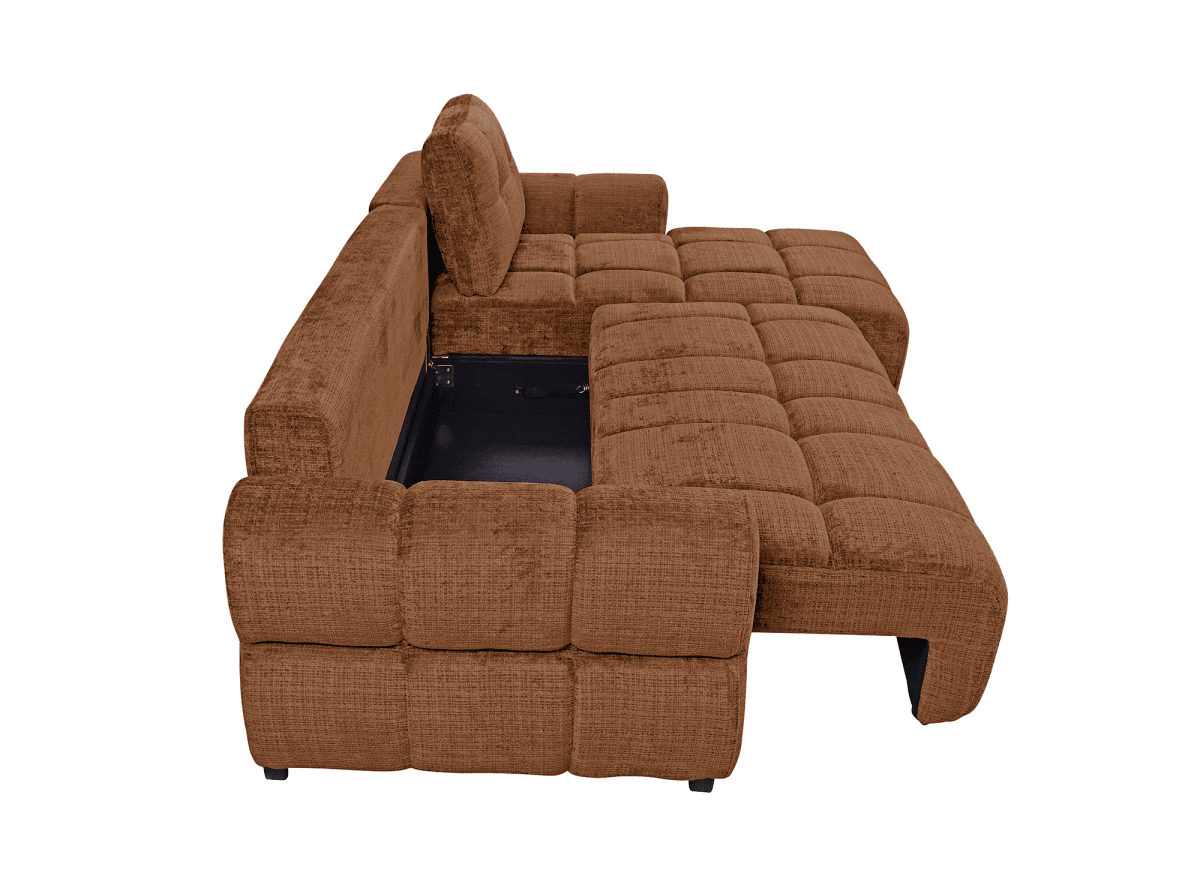 Canapé d'angle convertible avec coffre en velours chiné terracotta MAHLONE - Angle droit - DécoInParis