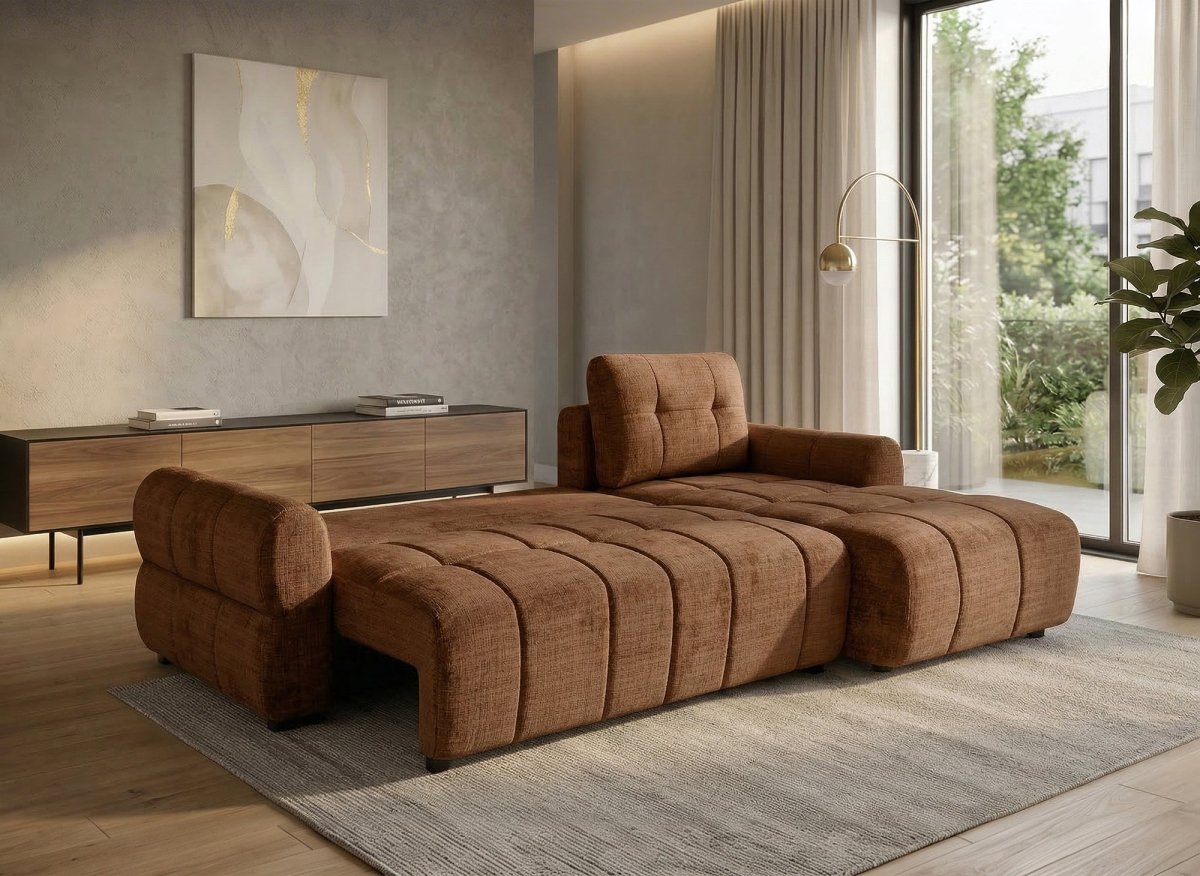 Canapé d'angle convertible avec coffre en velours chiné terracotta MAHLONE - Angle droit - DécoInParis