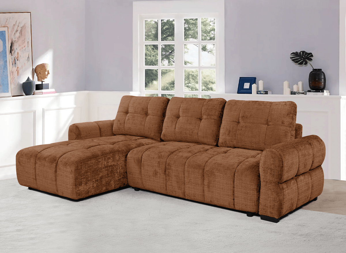 Canapé d'angle convertible avec coffre en velours chiné terracotta MAHLONE - Angle gauche - DécoInParis