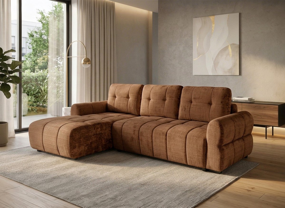 Canapé d'angle convertible avec coffre en velours chiné terracotta MAHLONE - Angle gauche - DécoInParis