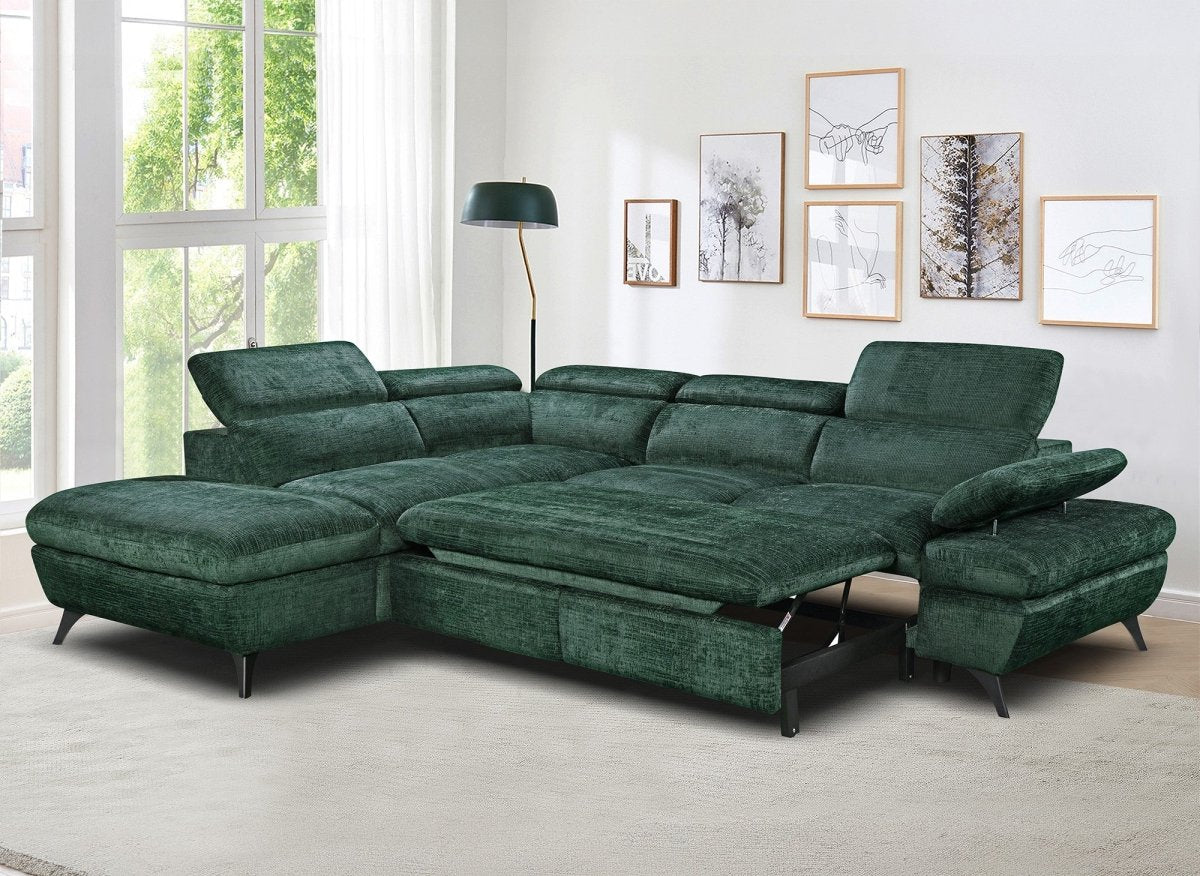 Canapé d'angle convertible avec coffre en velours chiné vert LUFY - Angle gauche - DécoInParis