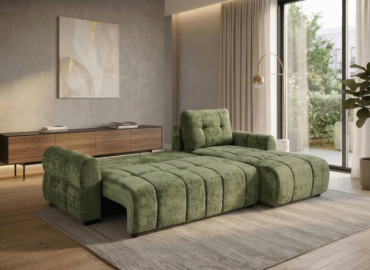 Canapé d'angle convertible avec coffre en velours chiné vert olive MAHLONE - Angle droit - DécoInParis