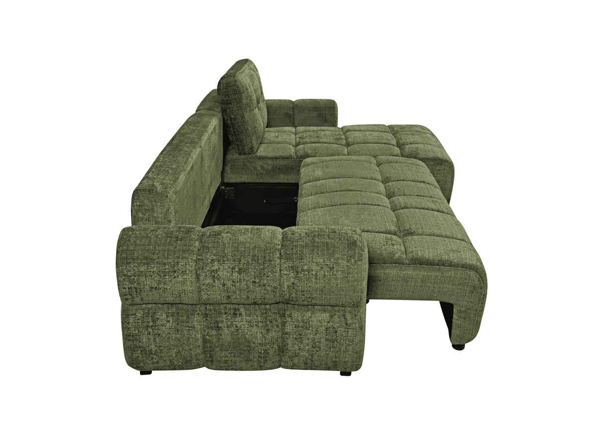 Canapé d'angle convertible avec coffre en velours chiné vert olive MAHLONE - Angle droit - DécoInParis